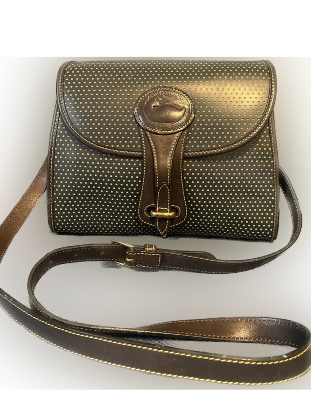 Vintage Dooney & Bourke Essex Navy Blue & Yellow Polka Dot Crossbody Bag